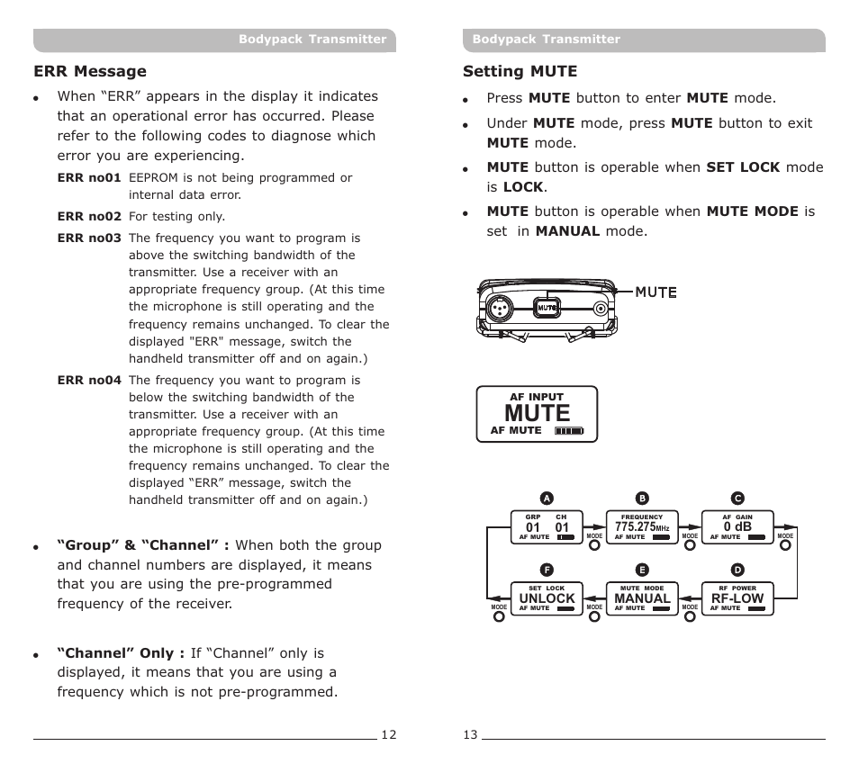 頁面 8, Mute, Err message | Setting mute | MIPRO ACT-72T Narrowband Bodypack Transmitter User Manual | Page 8 / 11