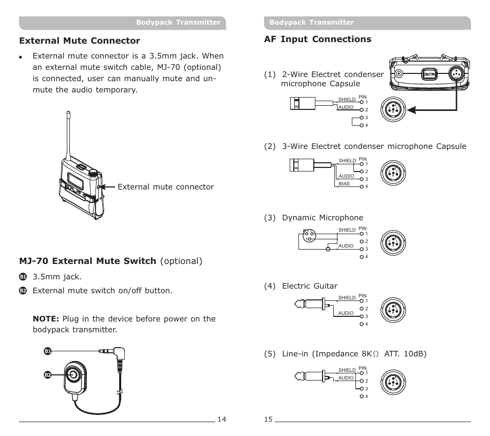 頁面 9, Af input connections, External mute connector | 14 15 bodypack transmitter bodypack transmitter | MIPRO ACT-72T Narrowband Bodypack Transmitter User Manual | Page 9 / 11