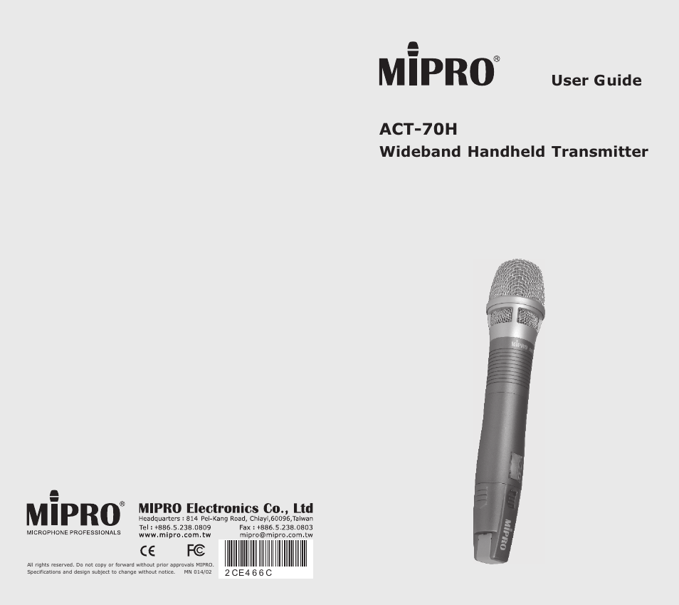 MIPRO ACT-70H Wideband Handheld Transmitter User Manual | 11 pages