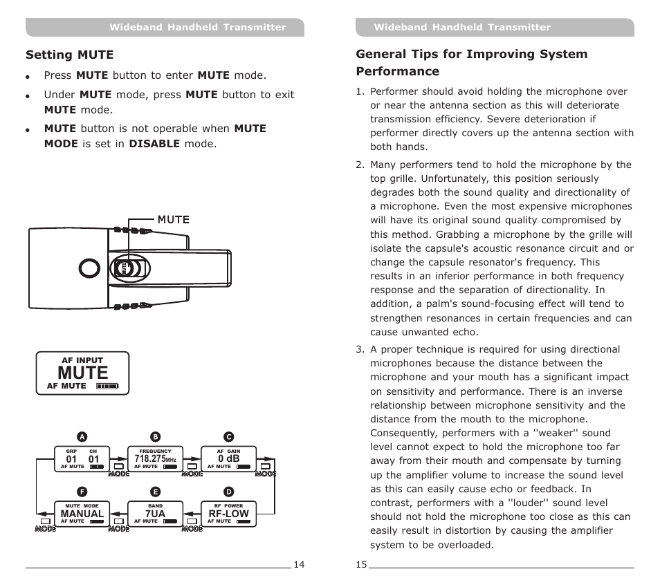 頁面 10, Mute, Setting mute | General tips for improving system performance | MIPRO ACT-70H Wideband Handheld Transmitter User Manual | Page 10 / 11