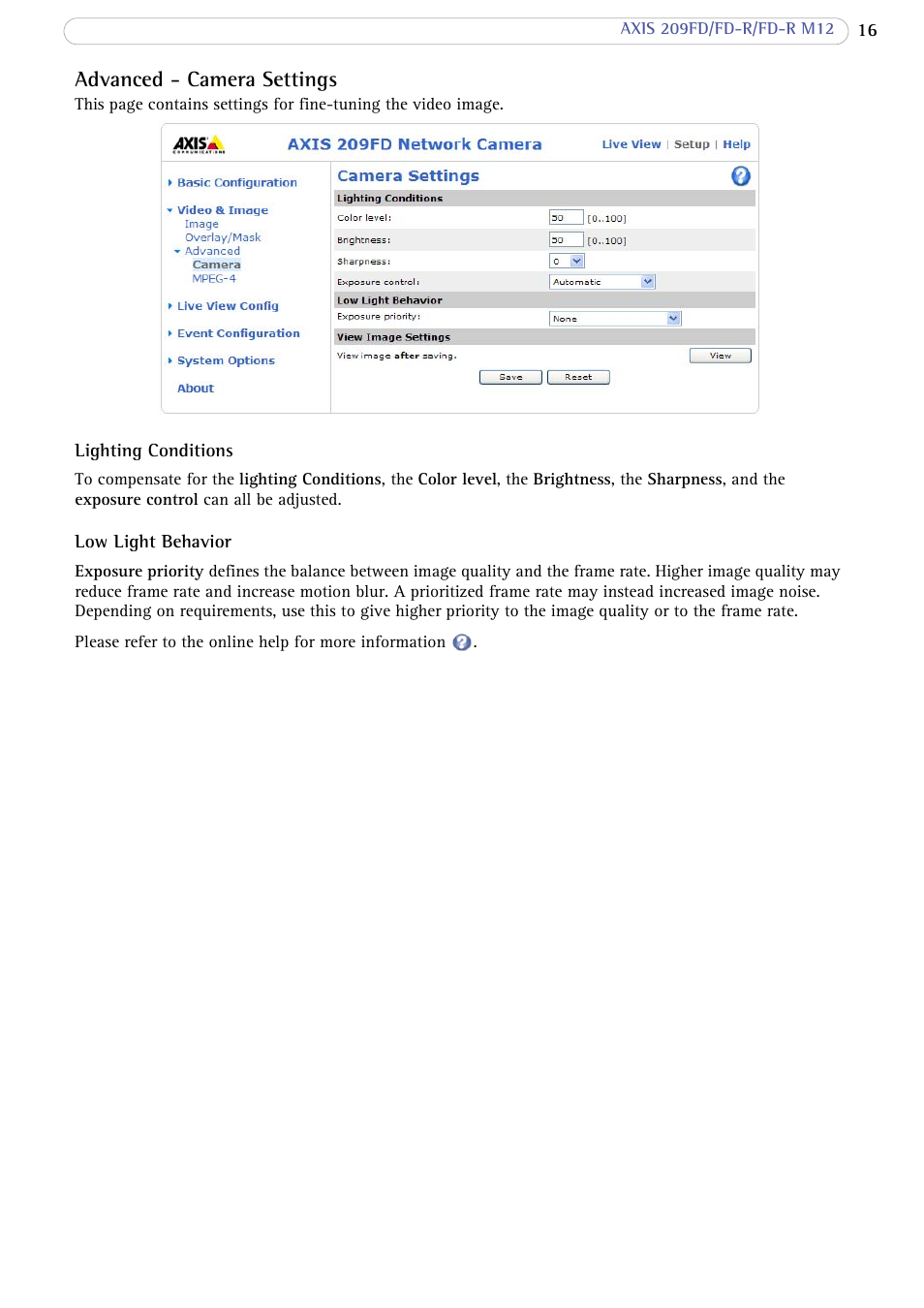 Advanced - camera settings | Axis Communications FD-R M12 User Manual | Page 16 / 45