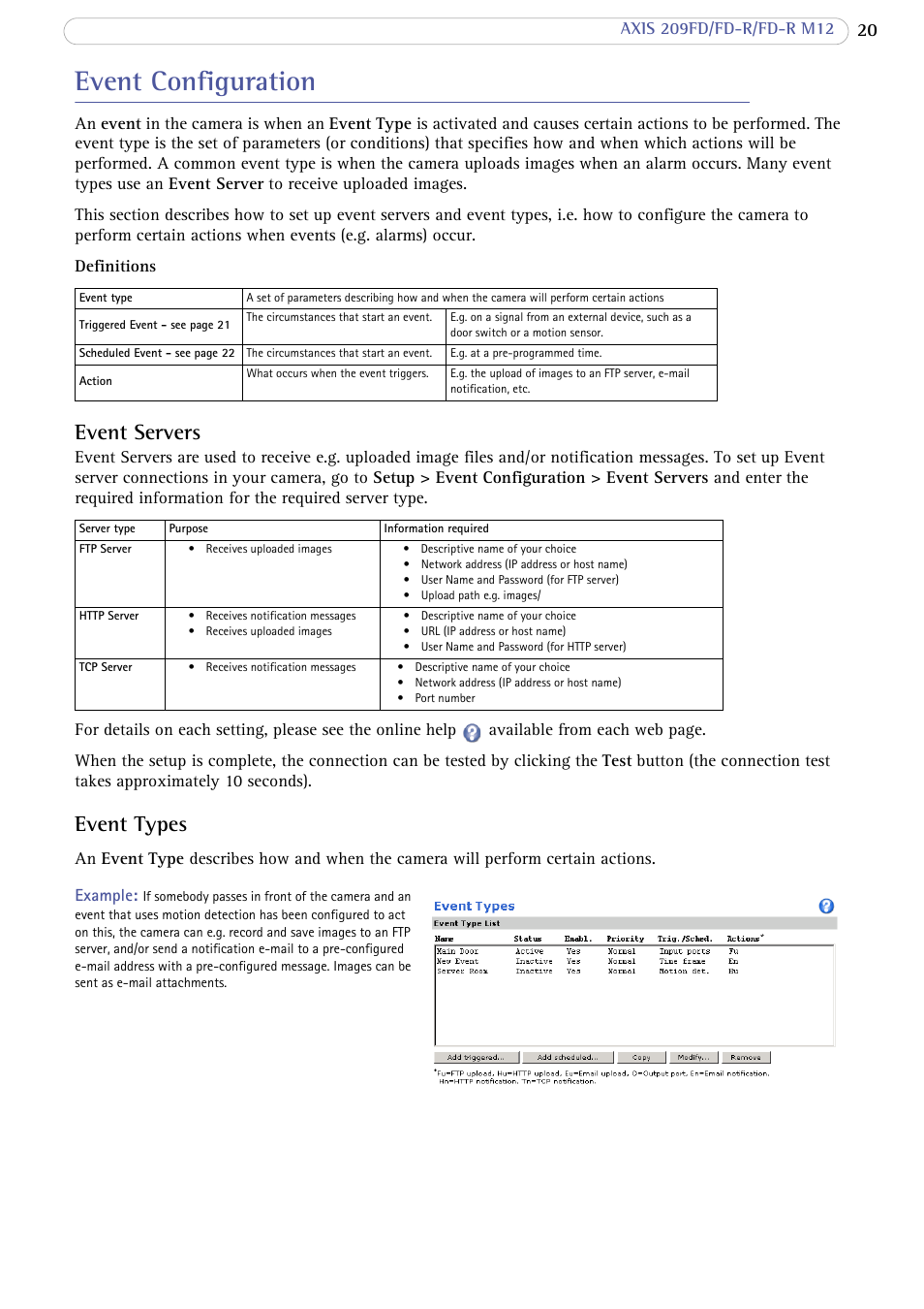 Event configuration, Event servers, Event types | Axis Communications FD-R M12 User Manual | Page 20 / 45