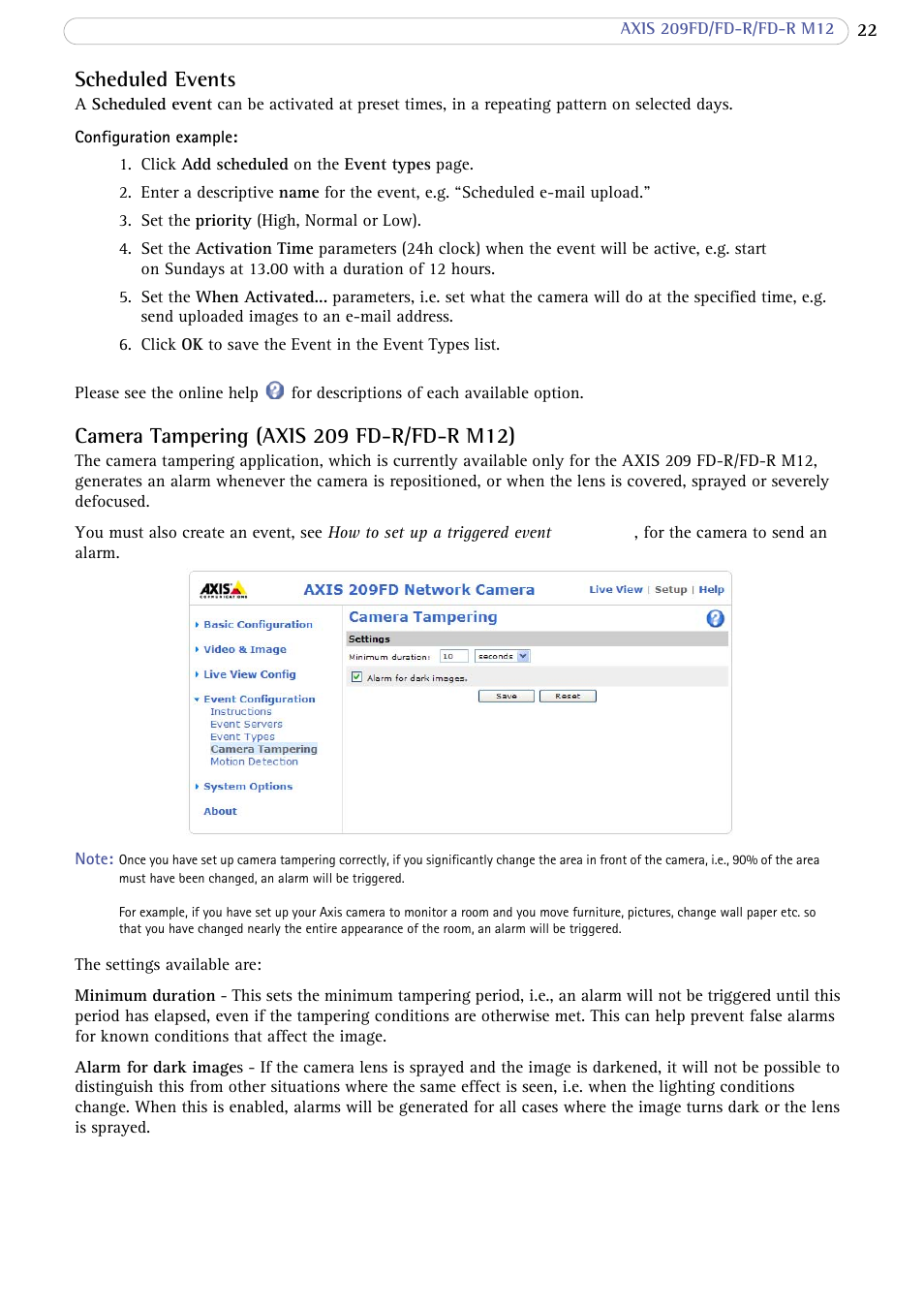 Scheduled events, Camera tampering (axis 209 fd-r/fd-r m12) | Axis Communications FD-R M12 User Manual | Page 22 / 45