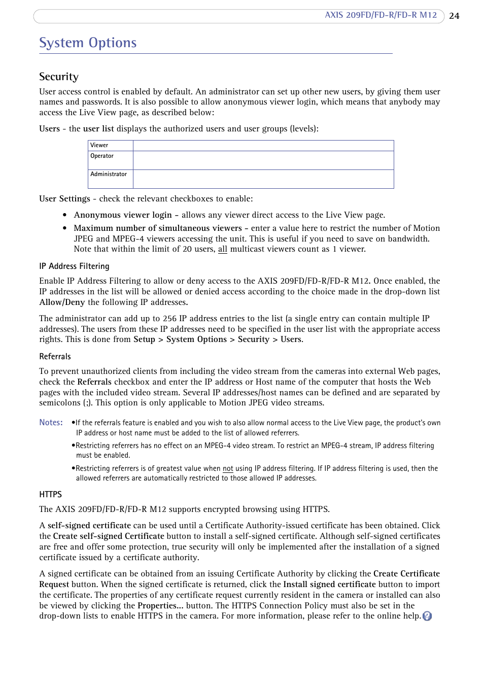 System options, Security | Axis Communications FD-R M12 User Manual | Page 24 / 45