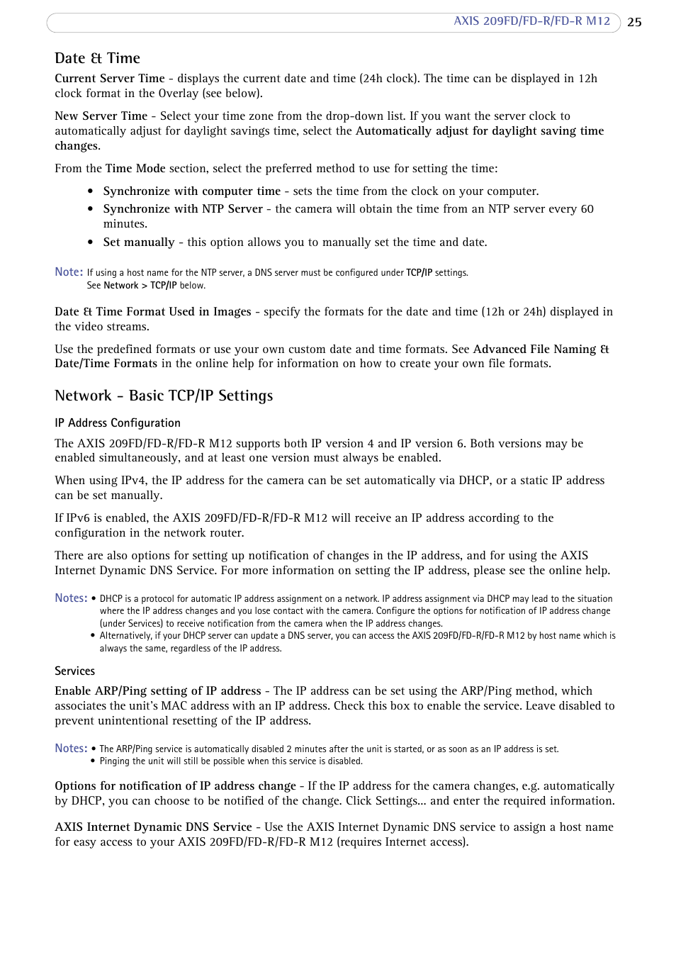 Date & time, Network - basic tcp/ip settings | Axis Communications FD-R M12 User Manual | Page 25 / 45