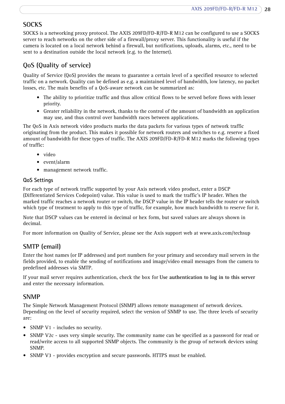 Socks, Qos (quality of service), Smtp (email) | Snmp | Axis Communications FD-R M12 User Manual | Page 28 / 45
