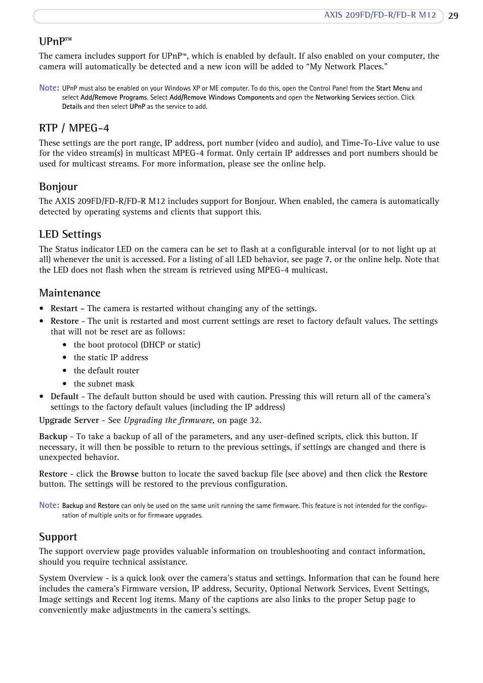 Upnp, Rtp / mpeg-4, Bonjour | Led settings, Maintenance, Support | Axis Communications FD-R M12 User Manual | Page 29 / 45