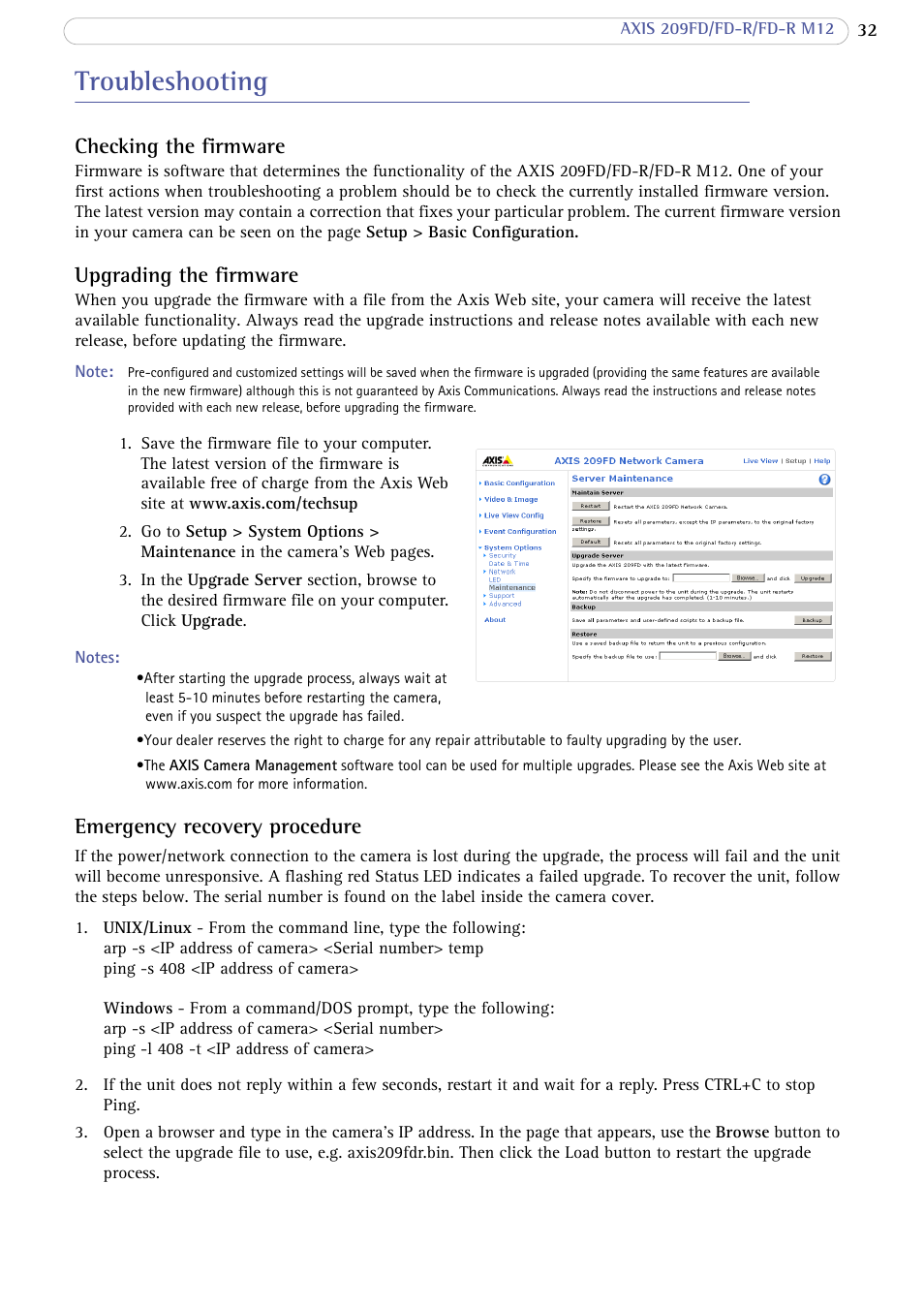 Troubleshooting, Checking the firmware, Upgrading the firmware | Emergency recovery procedure | Axis Communications FD-R M12 User Manual | Page 32 / 45