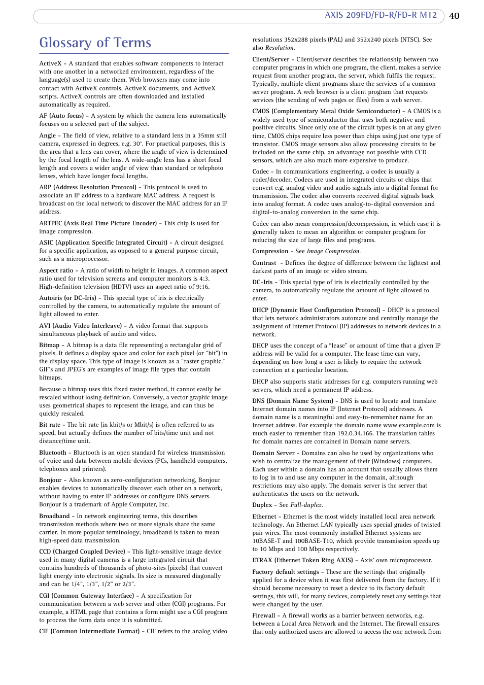 Glossary of terms | Axis Communications FD-R M12 User Manual | Page 40 / 45