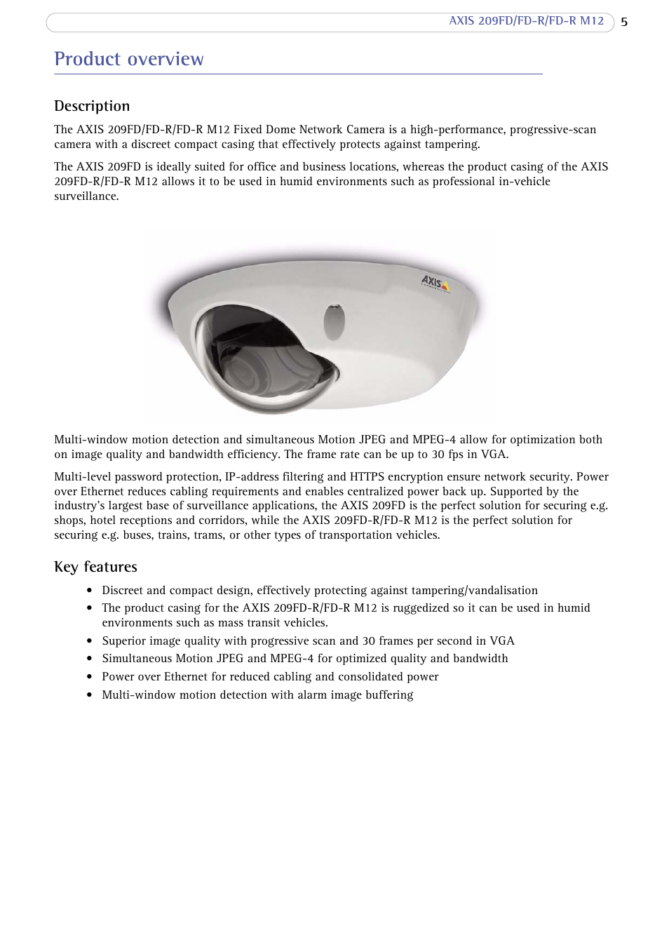 Product overview, Description, Key features | Axis Communications FD-R M12 User Manual | Page 5 / 45