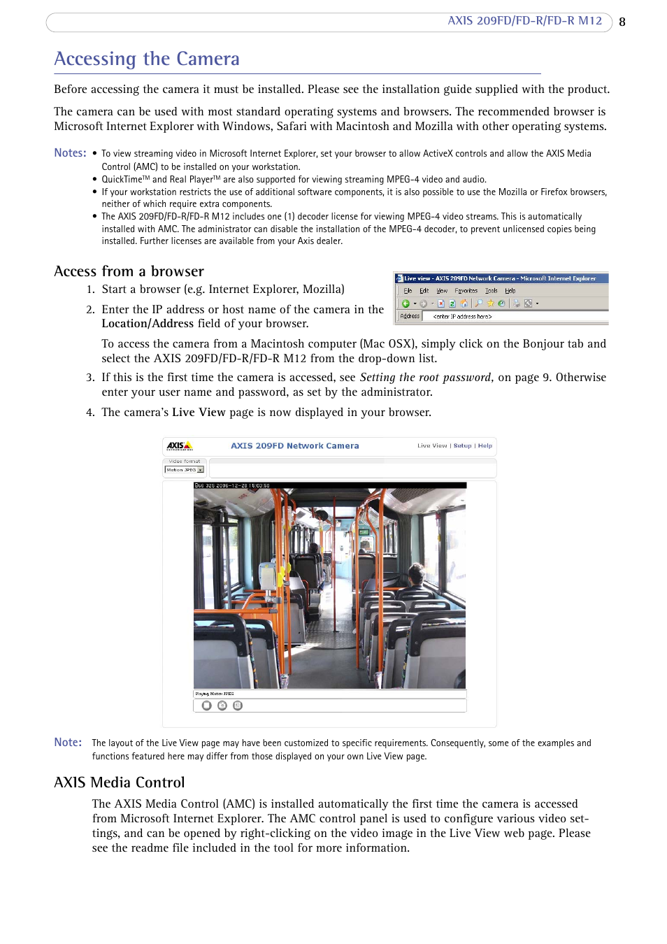 Accessing the camera, Access from a browser, Axis media control | Axis Communications FD-R M12 User Manual | Page 8 / 45
