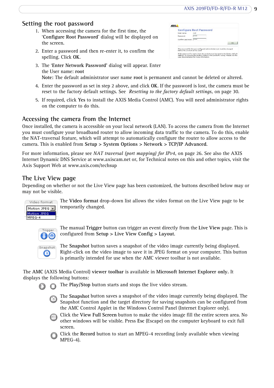 Setting the root password, Accessing the camera from the internet, The live view page | Axis Communications FD-R M12 User Manual | Page 9 / 45
