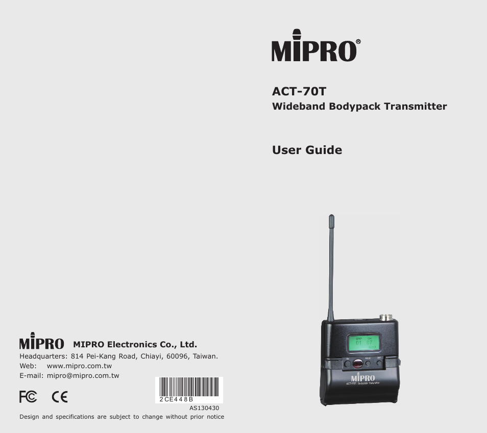 MIPRO ACT-70T Wideband Bodypack Transmitter User Manual | 13 pages