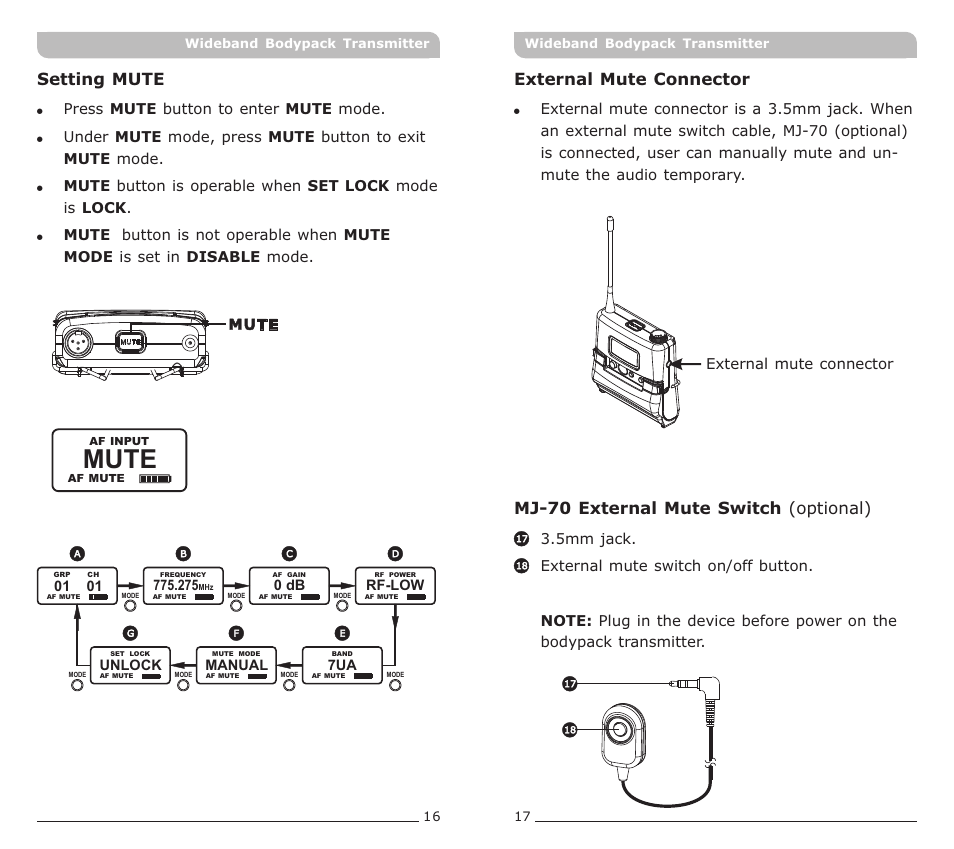 頁面 10, Mute, Setting mute | MIPRO ACT-70T Wideband Bodypack Transmitter User Manual | Page 10 / 13