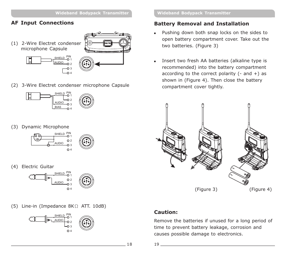 頁面 11, Battery removal and installation, Caution | Af input connections | MIPRO ACT-70T Wideband Bodypack Transmitter User Manual | Page 11 / 13