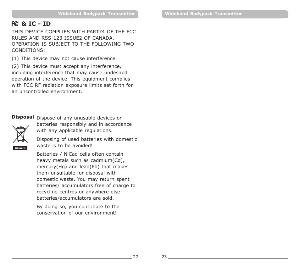 頁面 13, Ic - id | MIPRO ACT-70T Wideband Bodypack Transmitter User Manual | Page 13 / 13