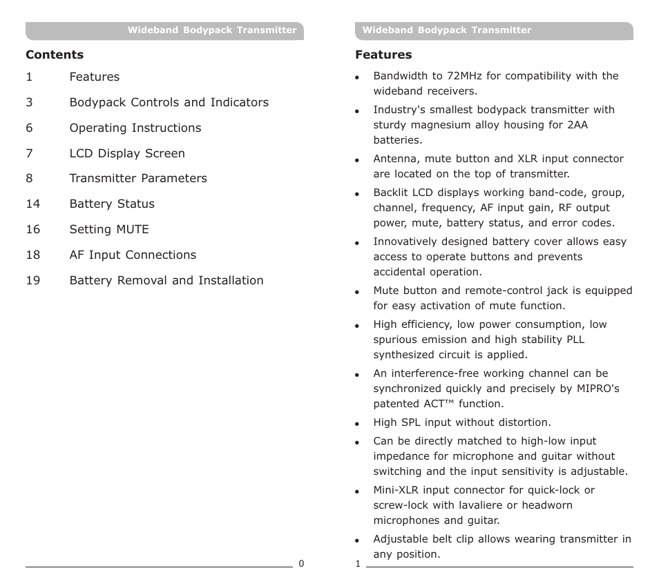 頁面 2 | MIPRO ACT-70T Wideband Bodypack Transmitter User Manual | Page 2 / 13