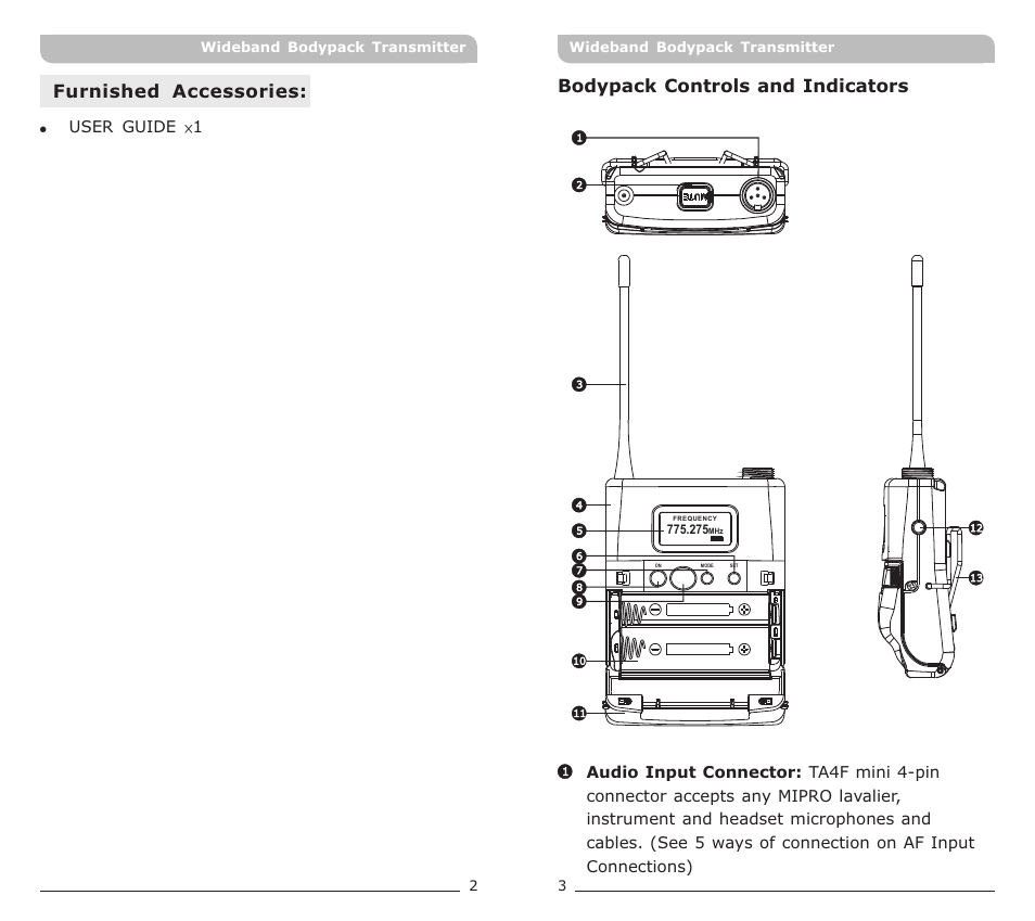 頁面 3, Bodypack controls and indicators, Furnished accessories | User guide ×1 | MIPRO ACT-70T Wideband Bodypack Transmitter User Manual | Page 3 / 13