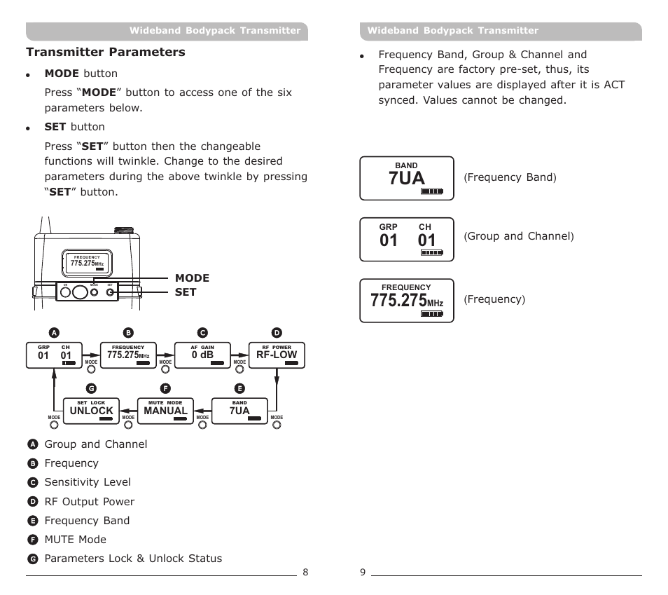 頁面 6, Transmitter parameters | MIPRO ACT-70T Wideband Bodypack Transmitter User Manual | Page 6 / 13