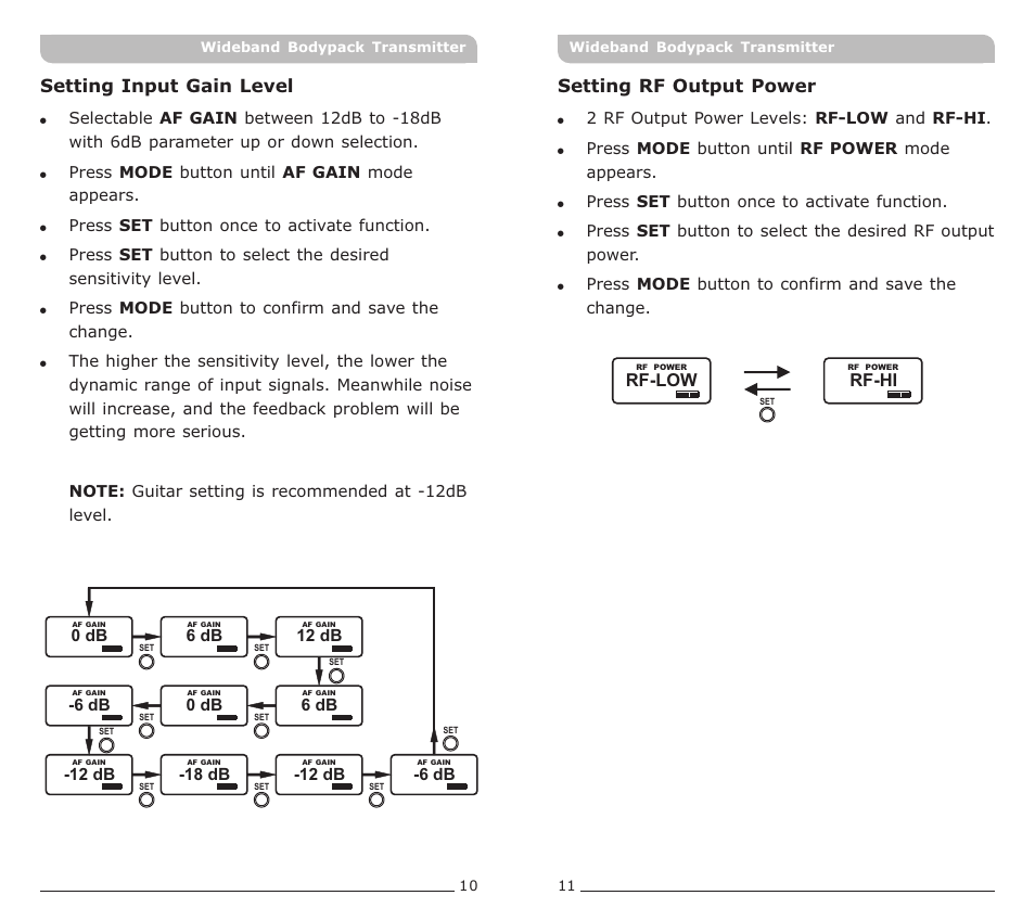 頁面 7, Setting rf output power, Setting input gain level | Rf-hi, Rf-low | MIPRO ACT-70T Wideband Bodypack Transmitter User Manual | Page 7 / 13