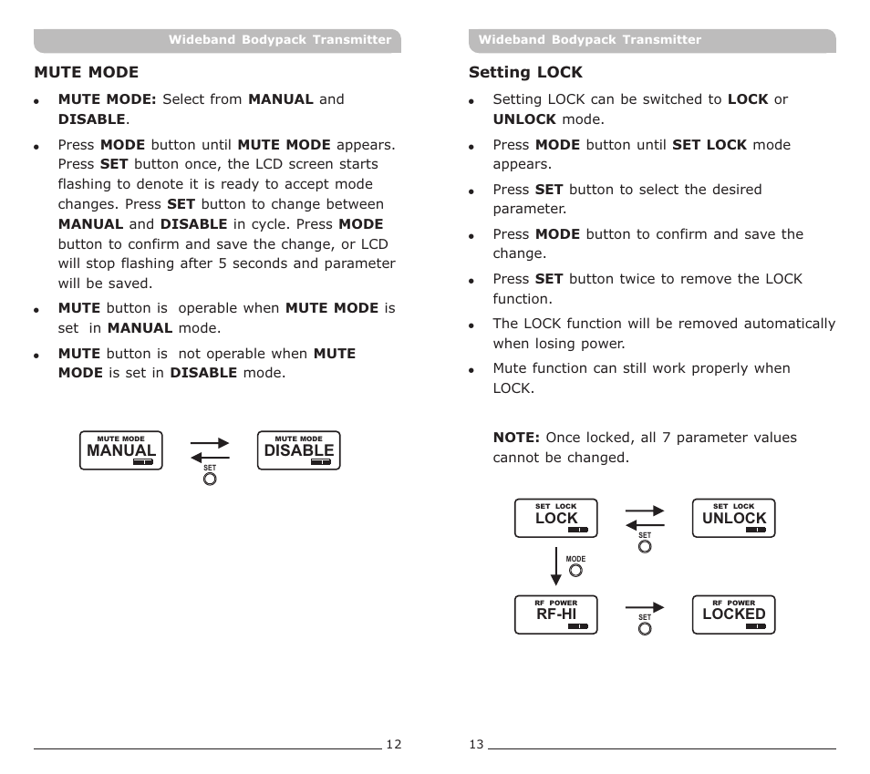 頁面 8, Disable, Manual | MIPRO ACT-70T Wideband Bodypack Transmitter User Manual | Page 8 / 13