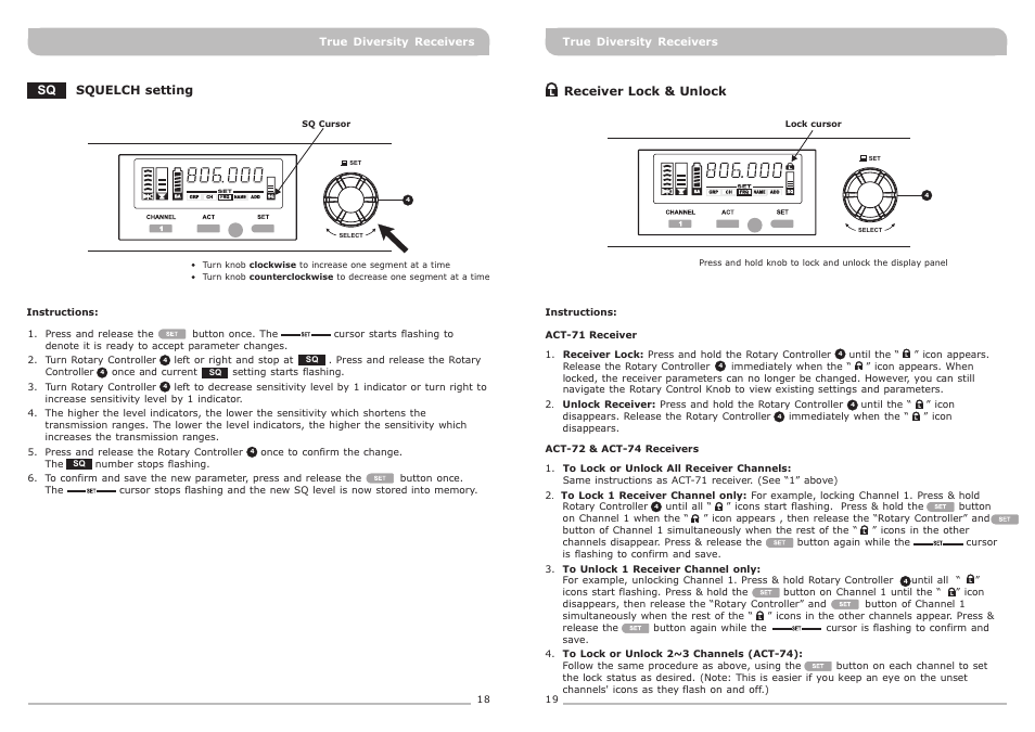 頁面 12, Squelch setting, Receiver lock & unlock | MIPRO ACT-71 Wideband Single-Channel True Diversity Receiver User Manual | Page 12 / 15