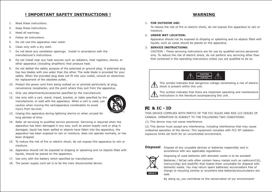 頁面 2, Important safety instructions ! warning, Ic - id | MIPRO ACT-717 Single-Channel True Diversity Receiver User Manual | Page 2 / 15