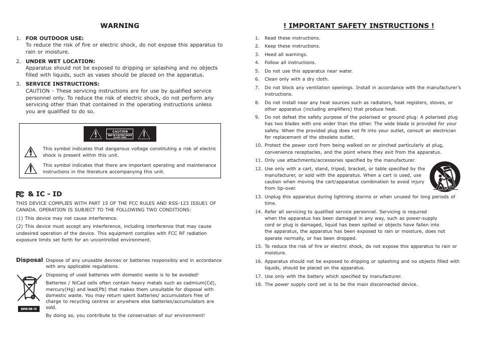 頁面 7, Warning, Ic - id | Important safety instructions | MIPRO ACT-100A Dual-Channel Diversity Receiver User Manual | Page 7 / 7