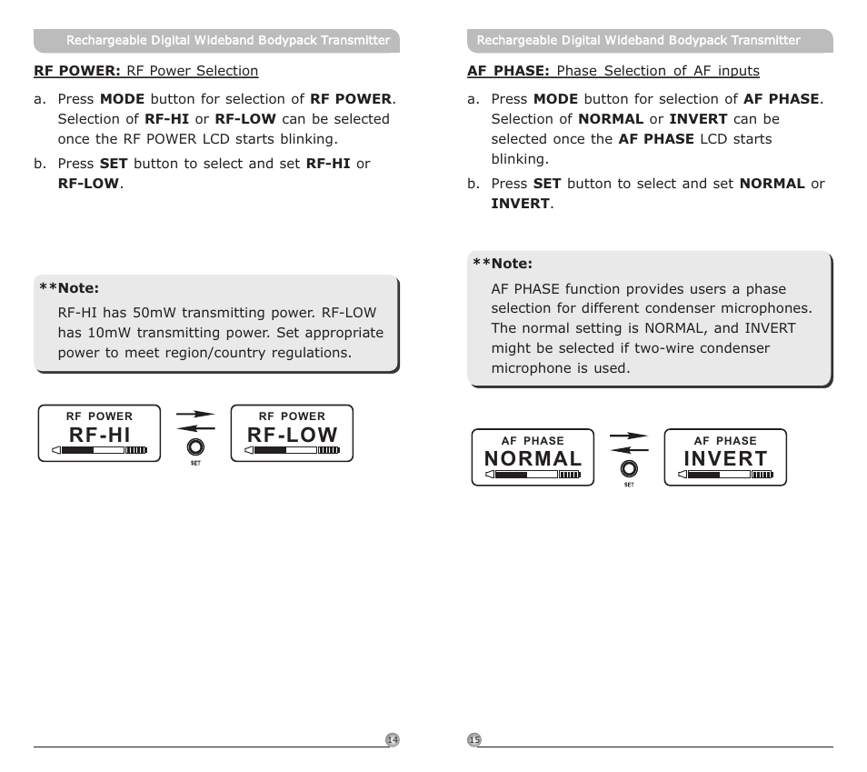 頁面 10, Invert, Normal | Rf-hi, Rf-low | MIPRO ACT-80TC Rechargeable Digital Wideband Bodypack Transmitter User Manual | Page 10 / 17