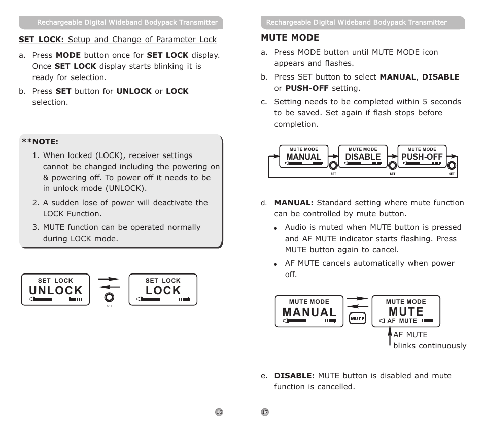 頁面 11, Manual, Mute | Unlock, Lock | MIPRO ACT-80TC Rechargeable Digital Wideband Bodypack Transmitter User Manual | Page 11 / 17