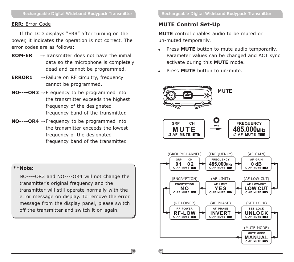 頁面 13, M u t e, Mute control set-up | MIPRO ACT-80TC Rechargeable Digital Wideband Bodypack Transmitter User Manual | Page 13 / 17