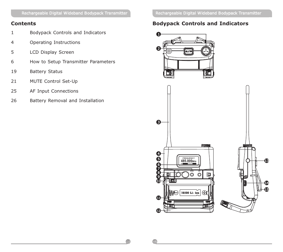頁面 3, Contents bodypack controls and indicators | MIPRO ACT-80TC Rechargeable Digital Wideband Bodypack Transmitter User Manual | Page 3 / 17