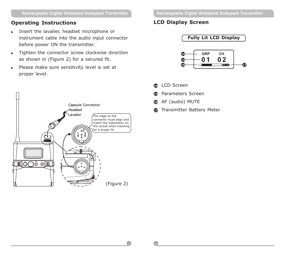 頁面 5, Operating instructions, Lcd display screen | MIPRO ACT-80TC Rechargeable Digital Wideband Bodypack Transmitter User Manual | Page 5 / 17