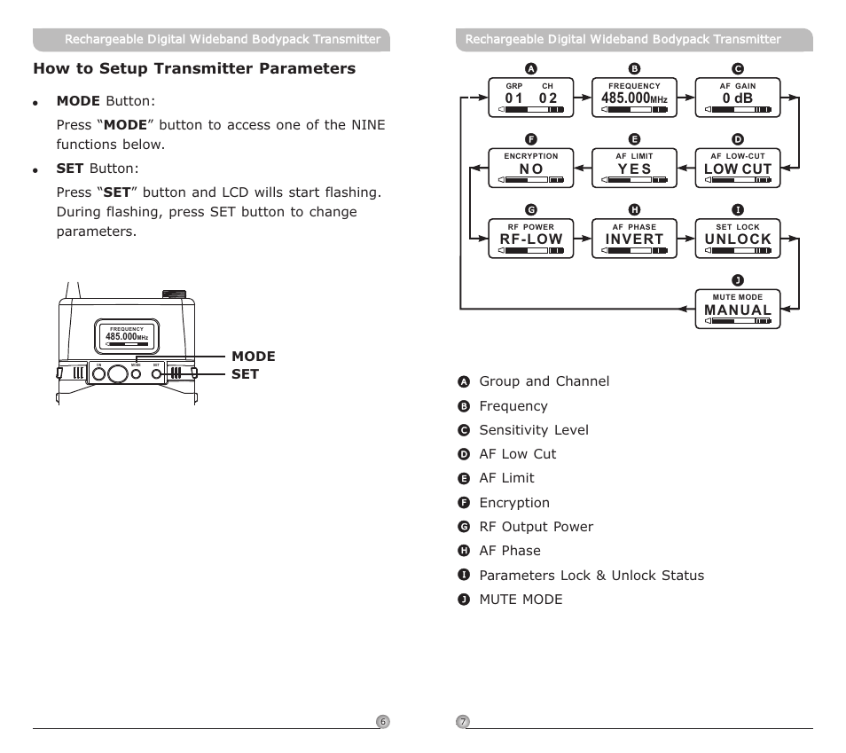 頁面 6, How to setup transmitter parameters, Y e s | Invert, 0 db, Low cut, Rf-low, Unlock, Manual | MIPRO ACT-80TC Rechargeable Digital Wideband Bodypack Transmitter User Manual | Page 6 / 17