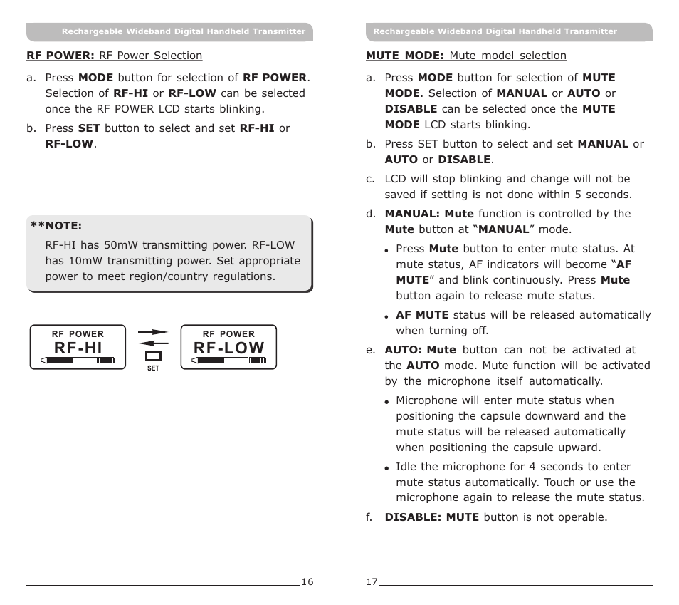 頁面 11, Rf-hi, Rf-low | MIPRO ACT-80HC Rechargeable Wideband Digital Handheld Transmitter User Manual | Page 11 / 15