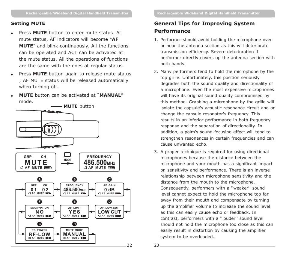 頁面 14, M u t e, General tips for improving system performance | MIPRO ACT-80HC Rechargeable Wideband Digital Handheld Transmitter User Manual | Page 14 / 15
