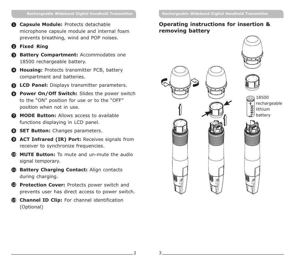 頁面 4 | MIPRO ACT-80HC Rechargeable Wideband Digital Handheld Transmitter User Manual | Page 4 / 15