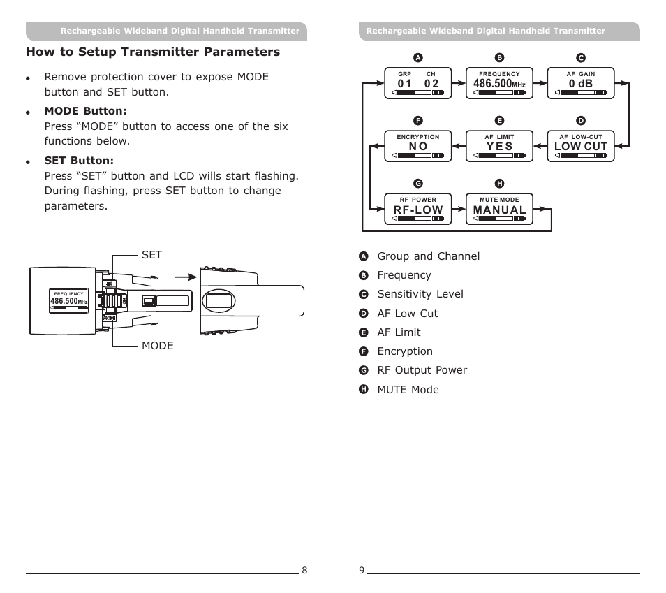 頁面 7, How to setup transmitter parameters | MIPRO ACT-80HC Rechargeable Wideband Digital Handheld Transmitter User Manual | Page 7 / 15