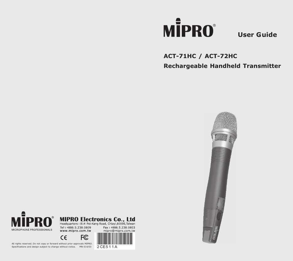 MIPRO ACT-72HC Rechargeable Narrowband Handheld Transmitter User Manual | 11 pages