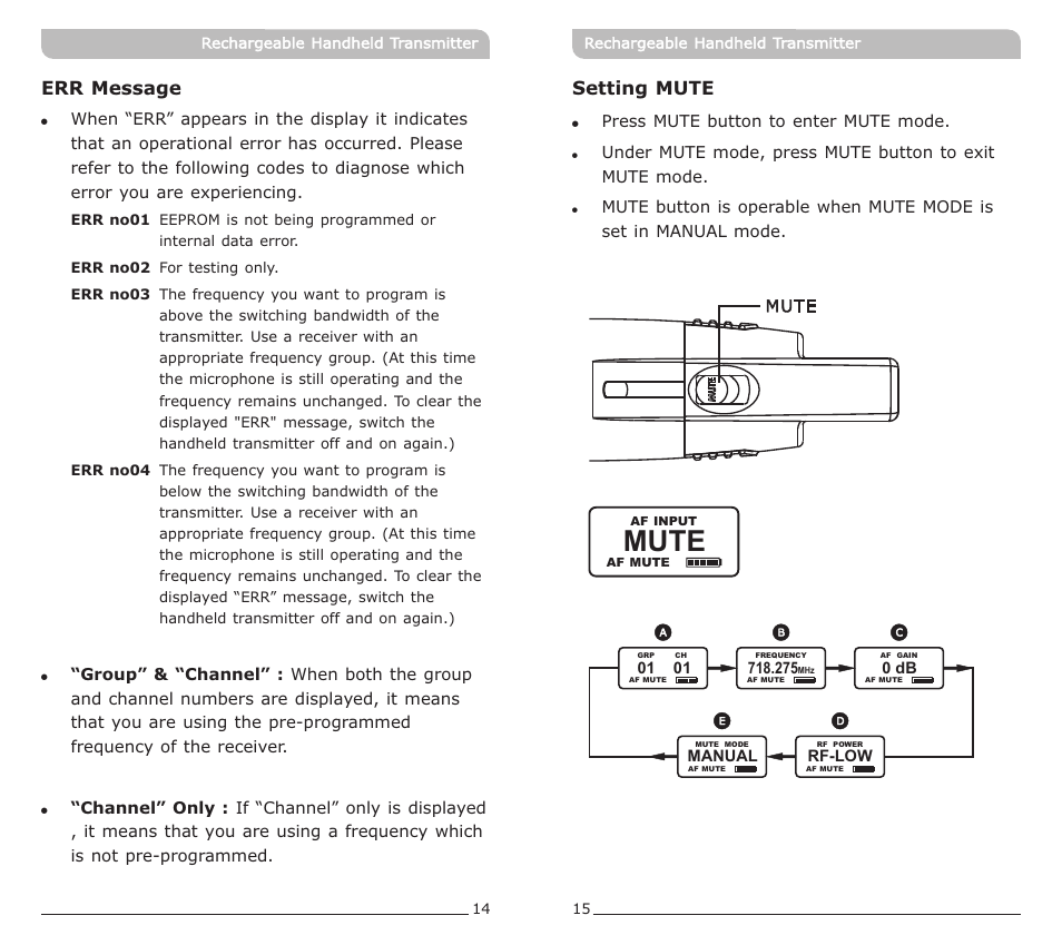 頁面 10, Mute, Setting mute | Err message | MIPRO ACT-72HC Rechargeable Narrowband Handheld Transmitter User Manual | Page 10 / 11