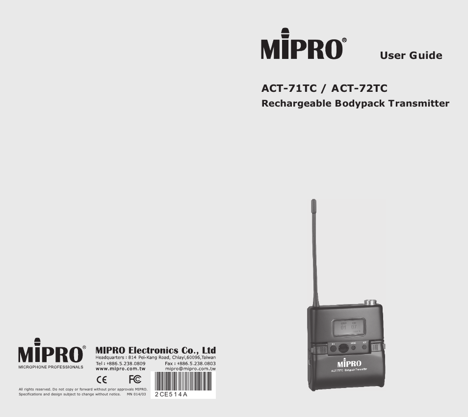 MIPRO ACT-72TC Rechargeable Narrowband Bodypack Transmitter User Manual | 11 pages