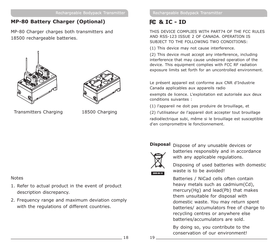 頁面 11, Ic - id | MIPRO ACT-72TC Rechargeable Narrowband Bodypack Transmitter User Manual | Page 11 / 11