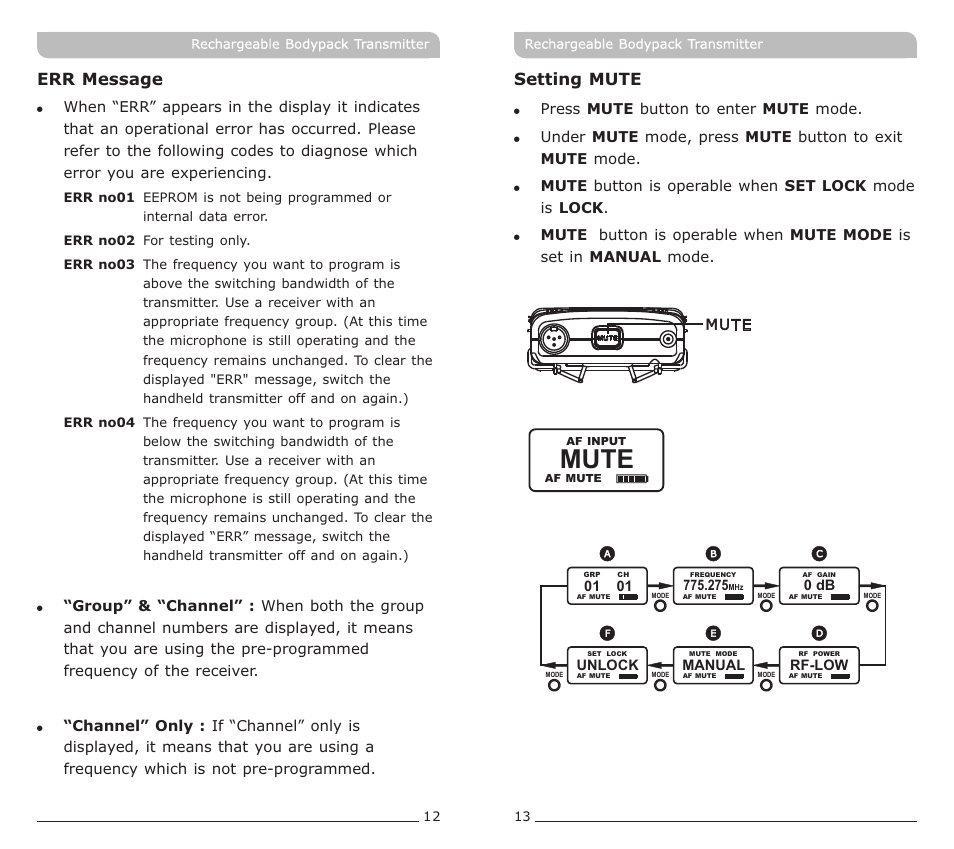 頁面 8, Mute, Err message | Setting mute | MIPRO ACT-72TC Rechargeable Narrowband Bodypack Transmitter User Manual | Page 8 / 11