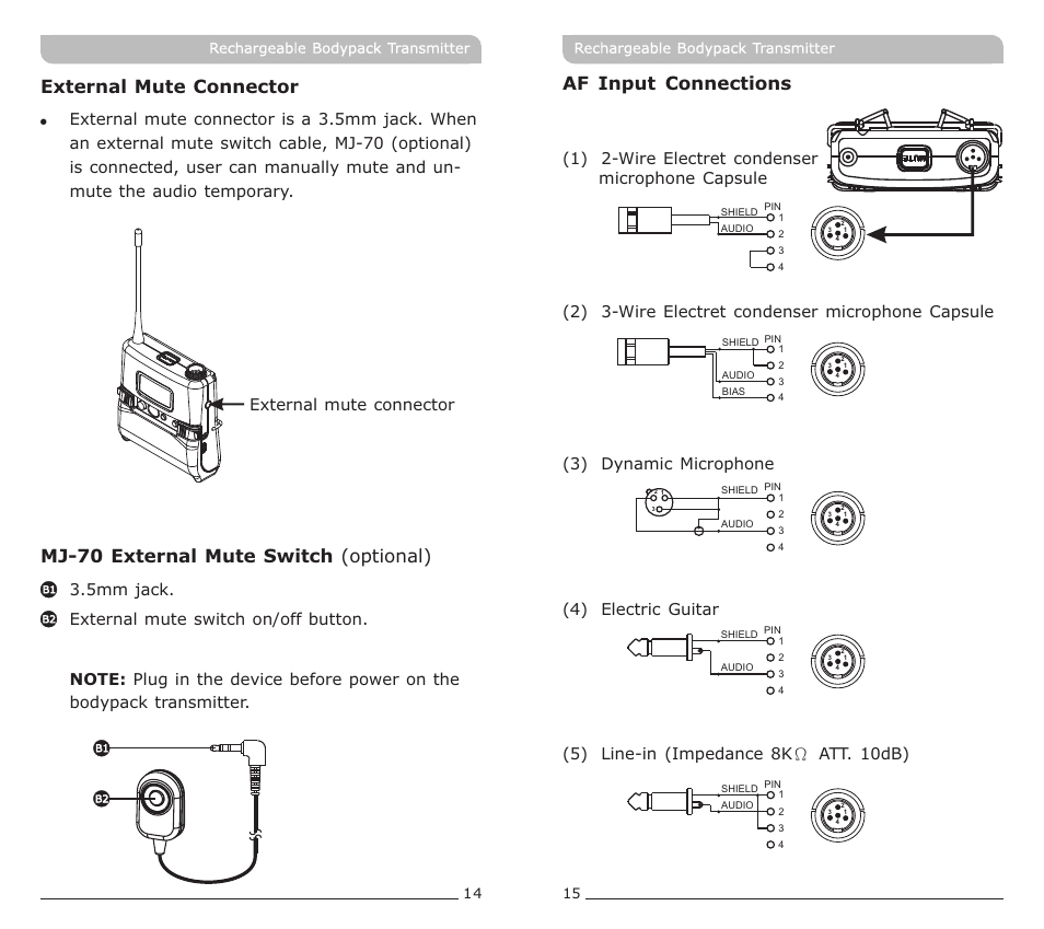 頁面 9, Af input connections, External mute connector | Rechargeable bodypack transmitter | MIPRO ACT-72TC Rechargeable Narrowband Bodypack Transmitter User Manual | Page 9 / 11