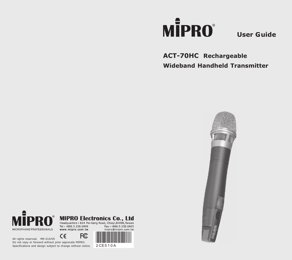 MIPRO ACT-70HC Rechargeable Wideband Handheld Transmitter User Manual | 11 pages