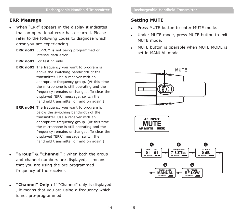 頁面 10, Mute, Setting mute | Err message | MIPRO ACT-70HC Rechargeable Wideband Handheld Transmitter User Manual | Page 10 / 11