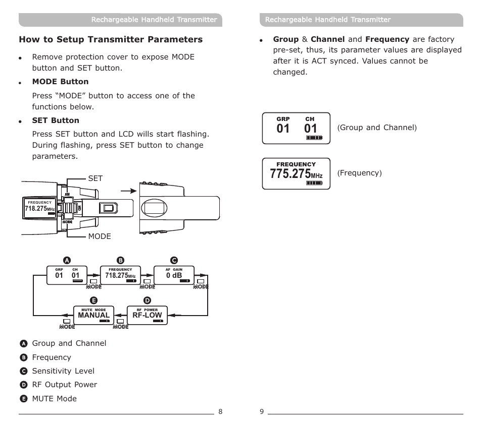 頁面 7, How to setup transmitter parameters | MIPRO ACT-70HC Rechargeable Wideband Handheld Transmitter User Manual | Page 7 / 11