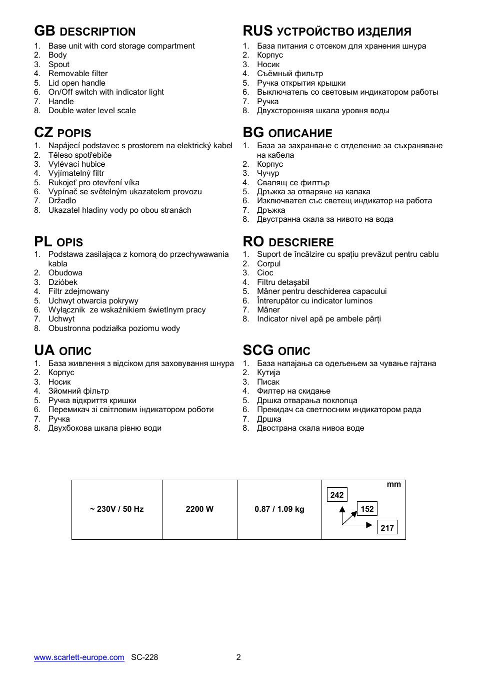 Ua scg | Scarlett SC-228 User Manual | Page 2 / 20