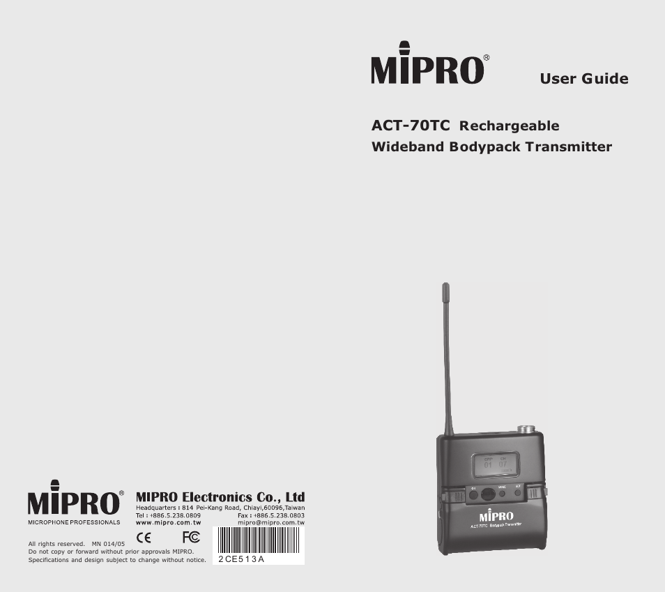 MIPRO ACT-70TC Rechargeable Wideband Bodypack Transmitter User Manual | 13 pages