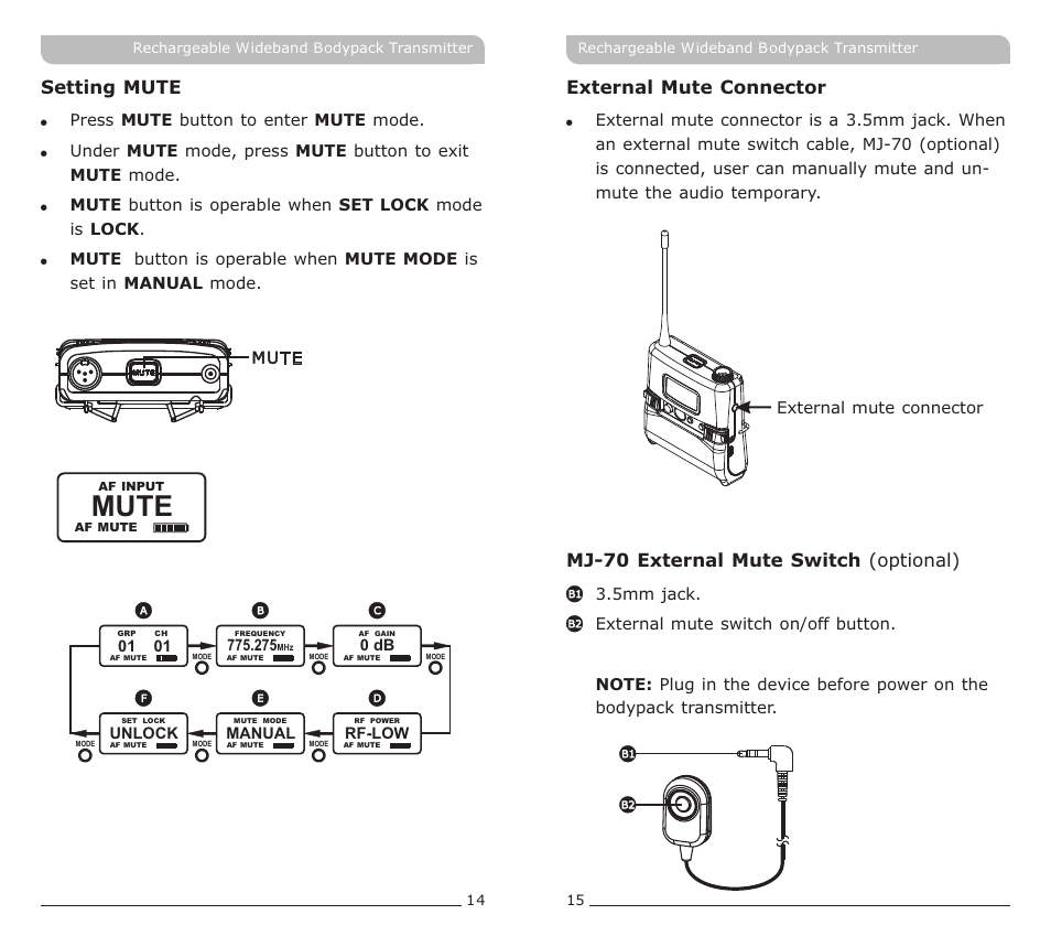 頁面 10, Mute, Setting mute | MIPRO ACT-70TC Rechargeable Wideband Bodypack Transmitter User Manual | Page 10 / 13